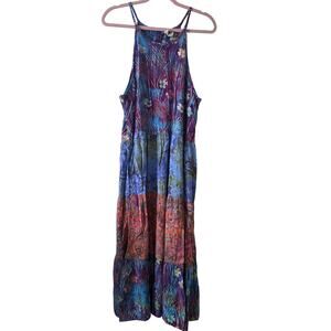 Go Fish Vibrant Colorful Batik Tiered Maxi Dress Size Large